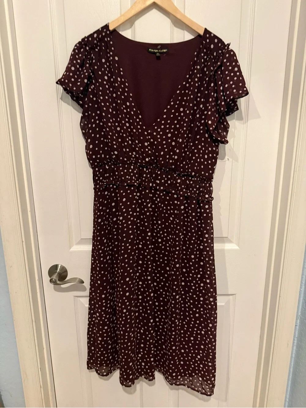 Always Indigo Burgundy Polka Dot V-Neck Midi Dress